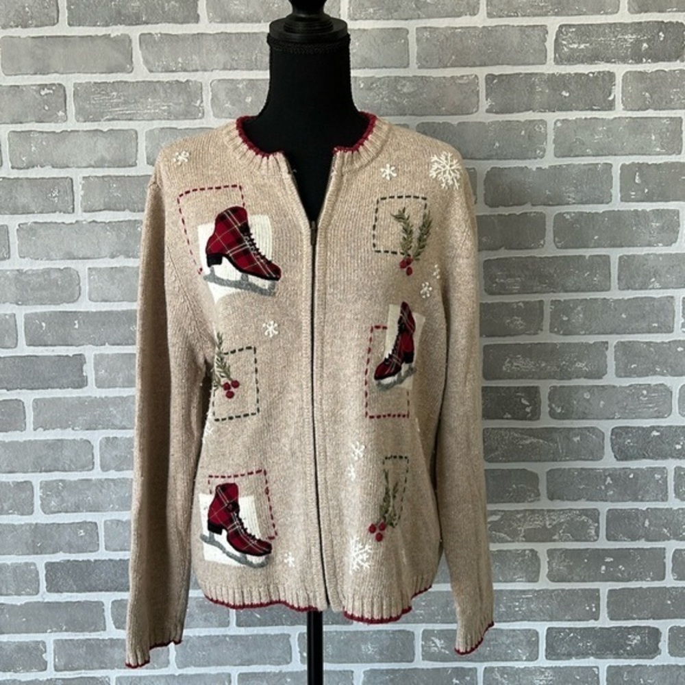 Vintage‎ | Croft & Barrow | Ugly Christmas Sweater Beige Cardigan Zipper Size M